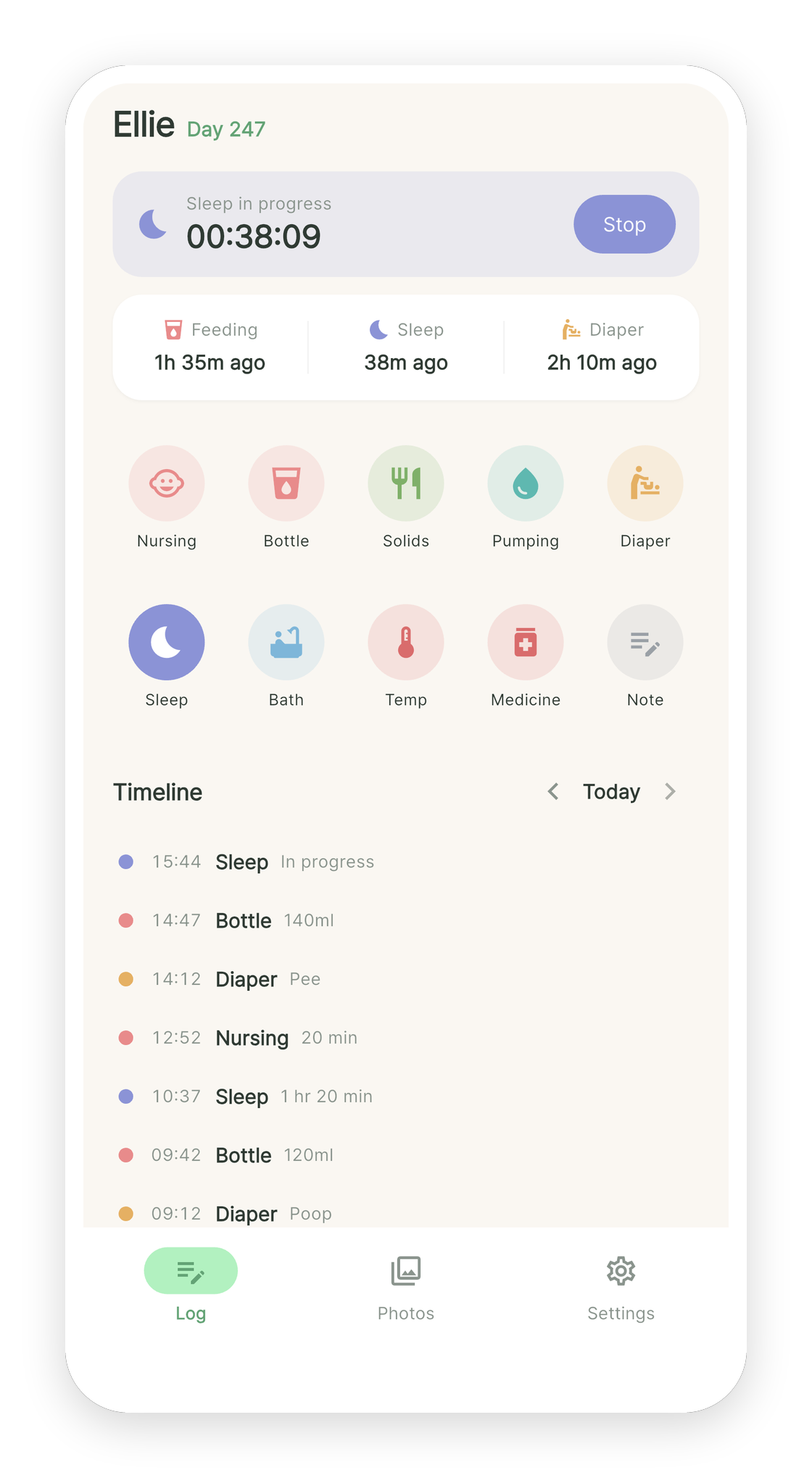BabyStory records screen with one-tap log buttons and today's timeline