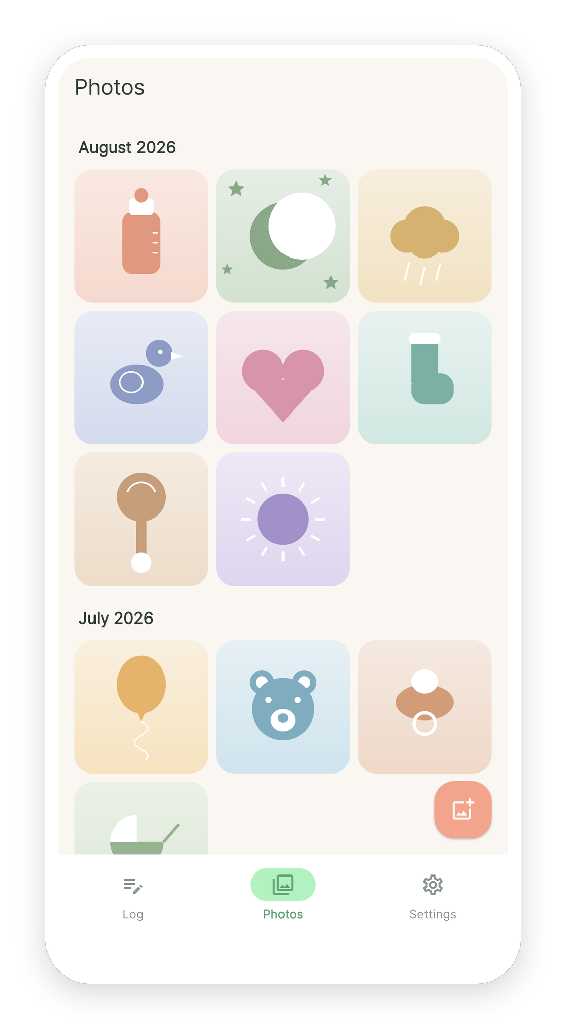 BabyStory photo screen showing a baby album organised by date