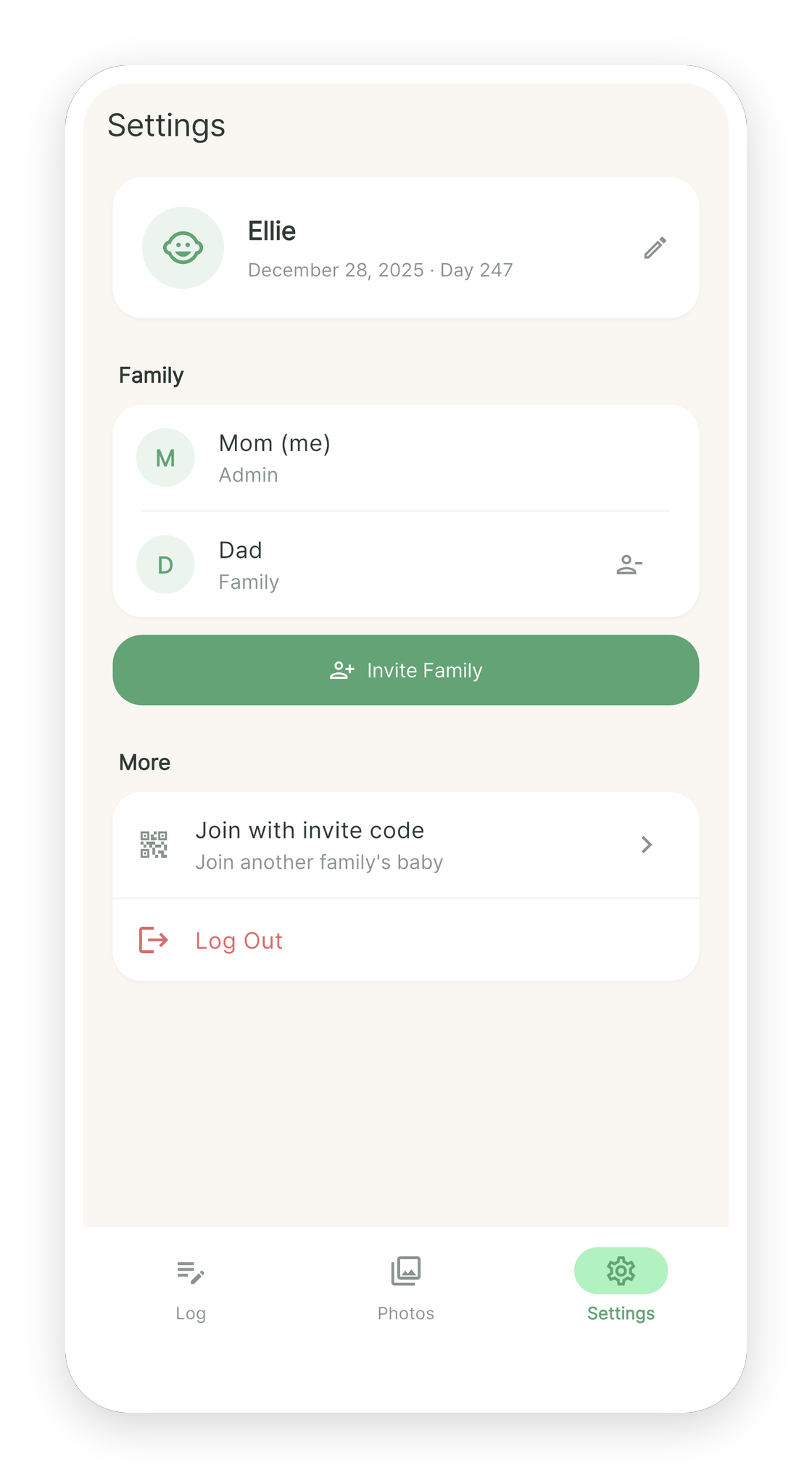 BabyStory family screen showing invite code sharing