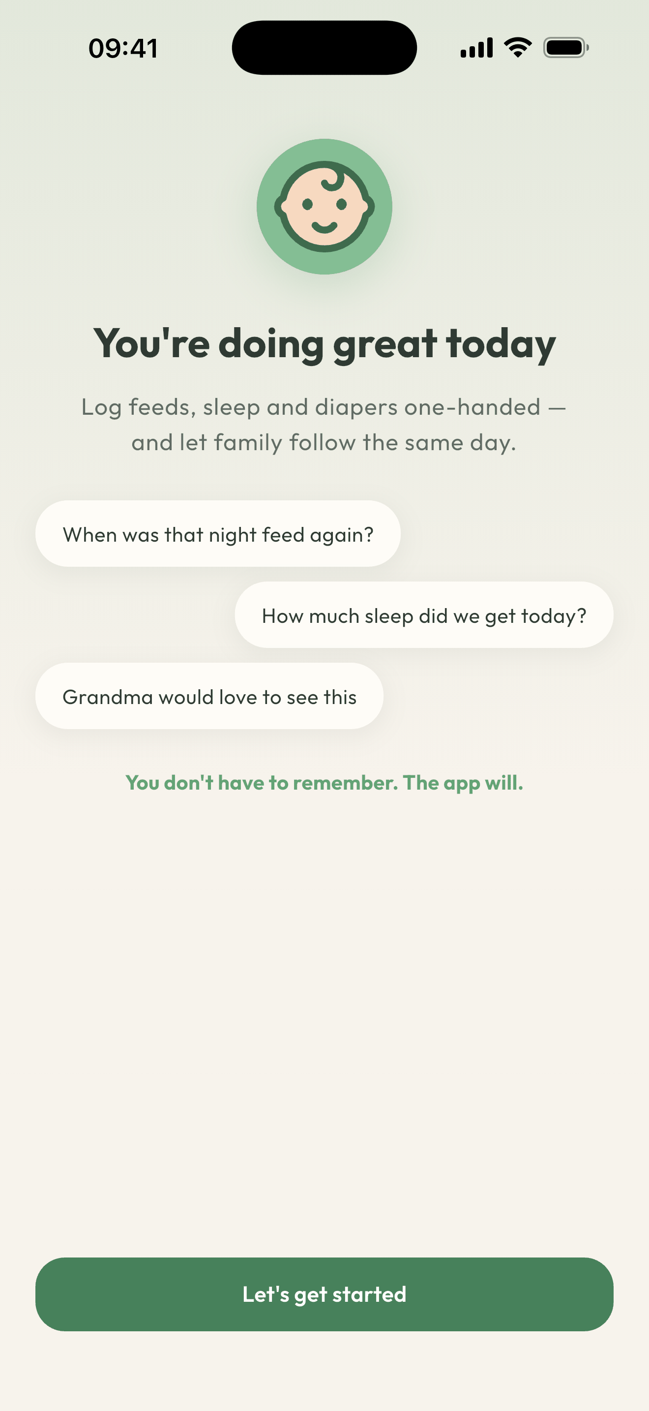 BabyStory welcome screen with the message &ldquo;You&rsquo;re doing great today&rdquo; and the add-your-baby button